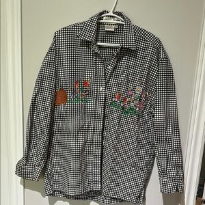 Black and White Gingham Blouse with Floral Bee Embroidery